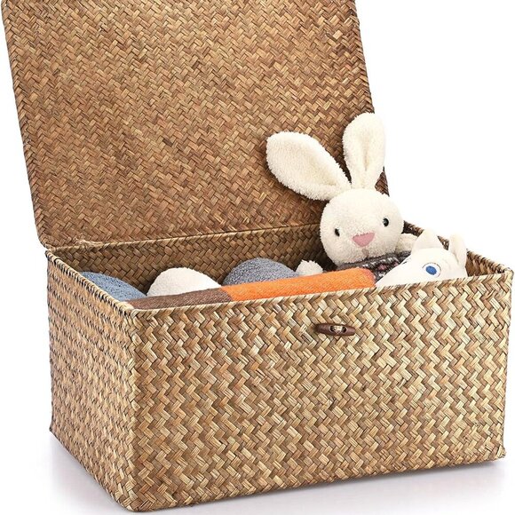 Wicker Shelf Baskets Bin with Lid Handwoven Seagrass Basket Storage Bins Rectan